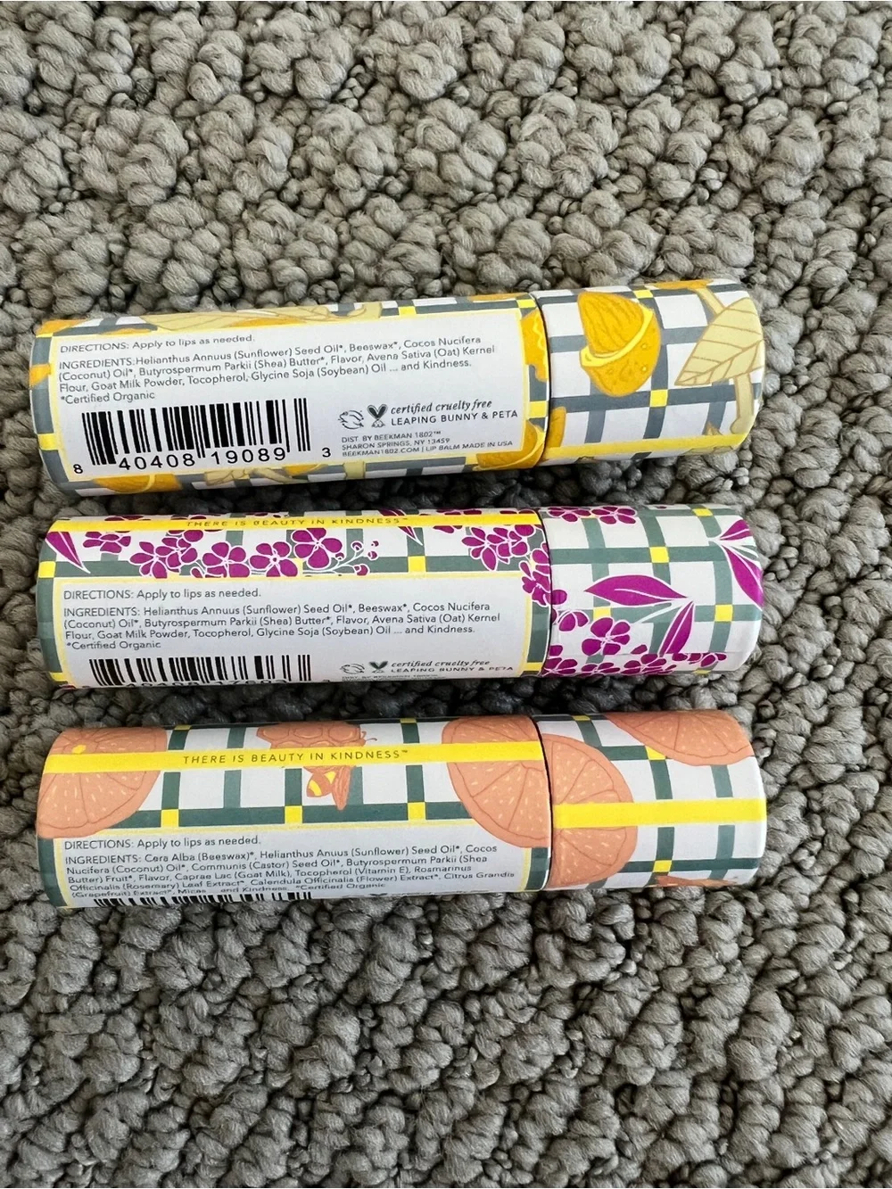 NWT Lip Balm Trio by Beekman 1802 w Almond Honey Cookie, Lilac, & Grapefruit - Picture 2 of 2